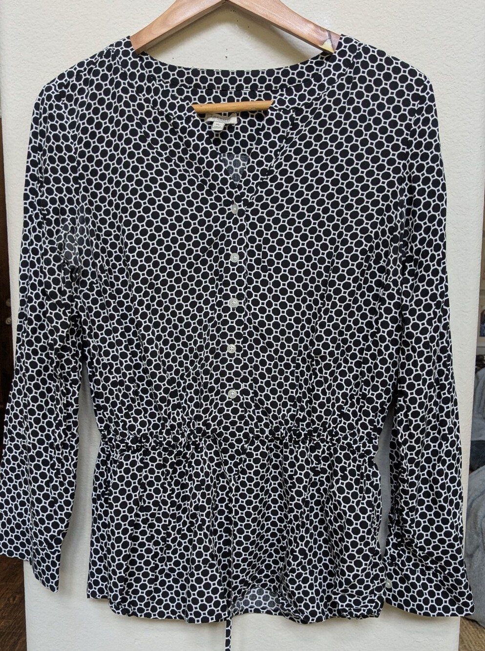Talbots Black and White Geometric Peplum Button-Front Top